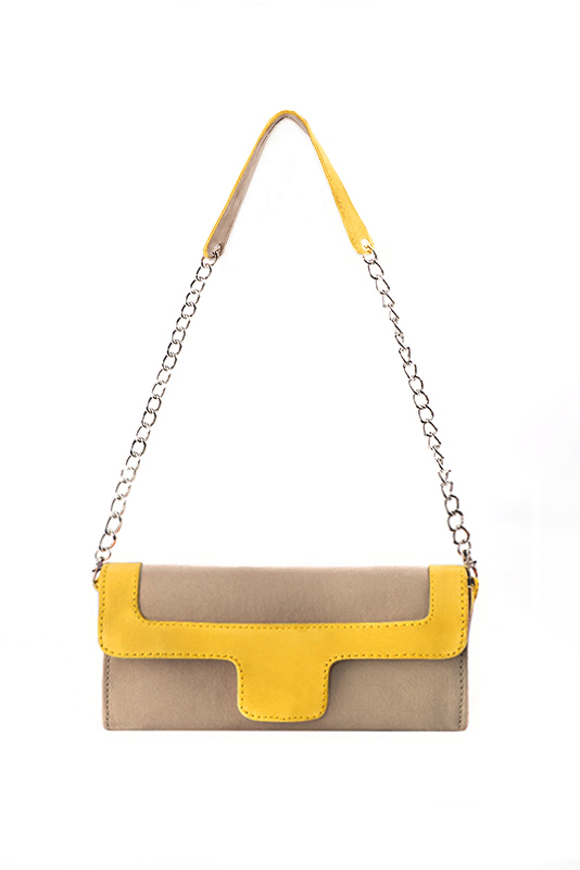 Women's tan beige and yellow luxurious elegant clutch for ceremonies, weddings and evenings out. - Top view